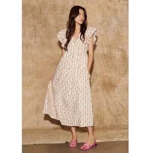 Saylor Darya Cream Pink Floral Cotton Cherry Blossom Midi Dress XS